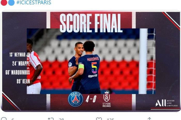 PSG mengalahkan Reims 4-0 pada pekan ke-37 Liga Prancis, Minggu (16/5/2021) di Parc des Princes.