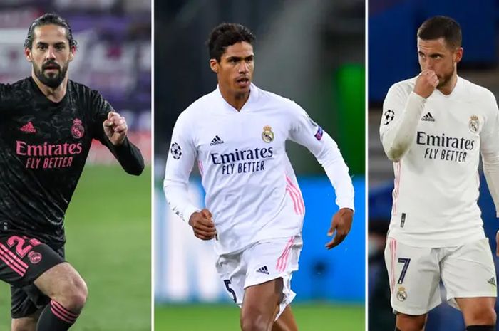 Tiga pemin Real Madrid, (dari kiri ke kanan) Isco, Raphael Varane dan Eden Hazard.