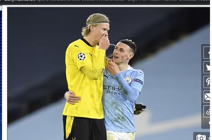 Phil Foden (kanan) ketika berbincang dengan Erling Haaland (kiri).