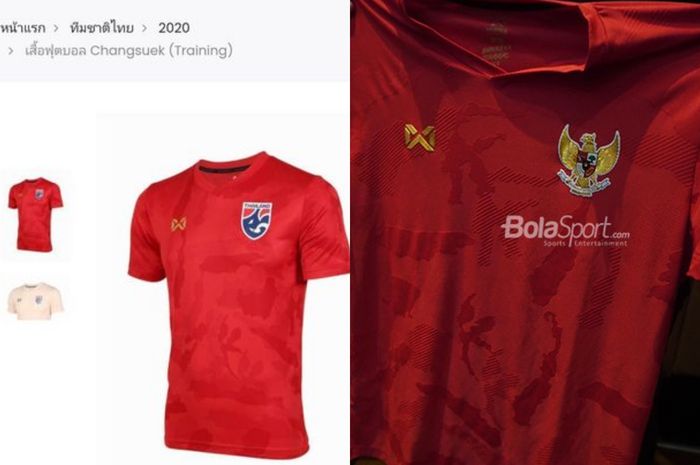 Perbandingan seragam latihan Thailand dengan jersey Timnas Indonesia yang diproduksi Warrix.