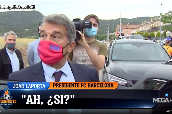 Ekspresi kaget Presiden Barcelona, Joan Laporta, saat mendengar Carlo Ancelotti menjadi pelatih anyar Real Madrid.