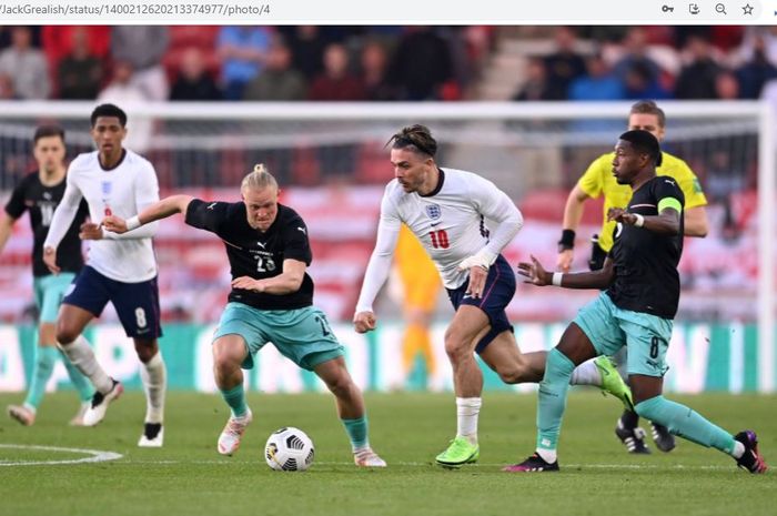 Aksi Jack Grealish dalam laga persahabatan antara timnas Inggris dan timnas Austria, Rabu (2/6/2021).