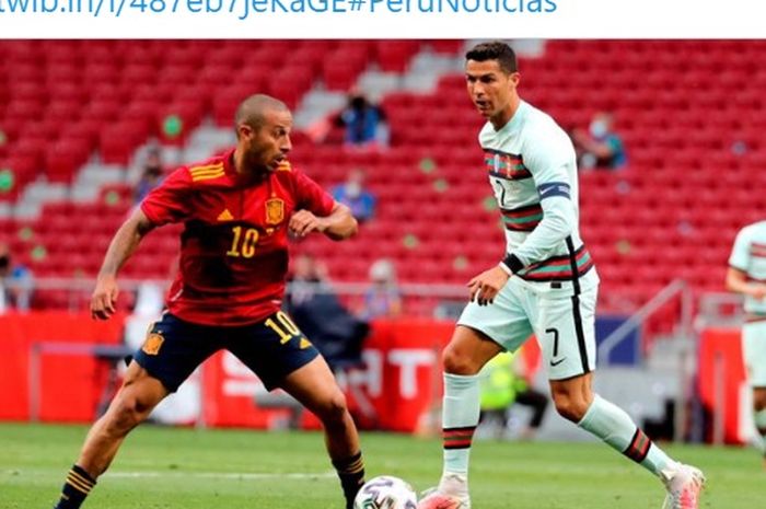Cristiano Ronaldo nyaris mencetak gol komedi dalam laga uji coba EURO 2020 antara timnas Portugal kontra timnas Spanyol yang berakhir sama kuat. 