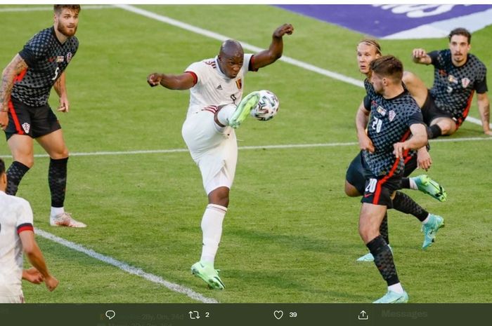 Romelu Lukaku mencetak gol timnas Belgia ke gawang timnas Kroasia dalam laga uji coba, 6 Juni 2021.