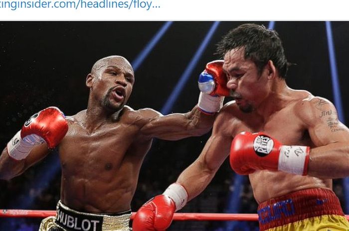 Floyd Mayweather memukul Manny Pacquiao saat keduanya bertanding tinju untuk pertama kalinya di MGM Grand Arena, Las Vegas, Nevada, AS, 2 Mei 2015. 