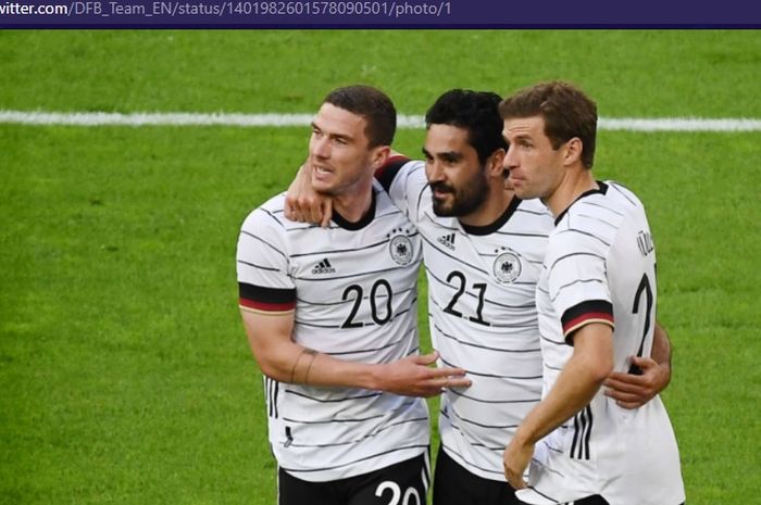 Robin Gosens, Ilkay Guendogan, dan Thomas Mueller, mencetak gol untuk timnas Jerman melawan timnas Latvia dalam laga uji coba di Stadion Merkur-Spiel-Arena, Senin (7/6/2021) waktu setempat atau Selasa pukul 01.45 WIB.