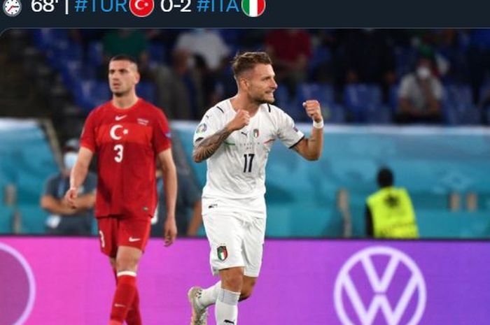Ciro Immobile merayakan gol timnas Italia ke gawang Turki di laga pembuka Euro 2020, 11 Juni 2021.