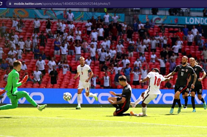 Proses gol pemain timnas Inggris, Raheem Sterling, ke gawang timnas Kroasia dalam laga pembuka grup D Euro 2020, Minggu (13/6/2021) dengan kick-off mulai pukul 02.00 WIB di Stadion Wembley