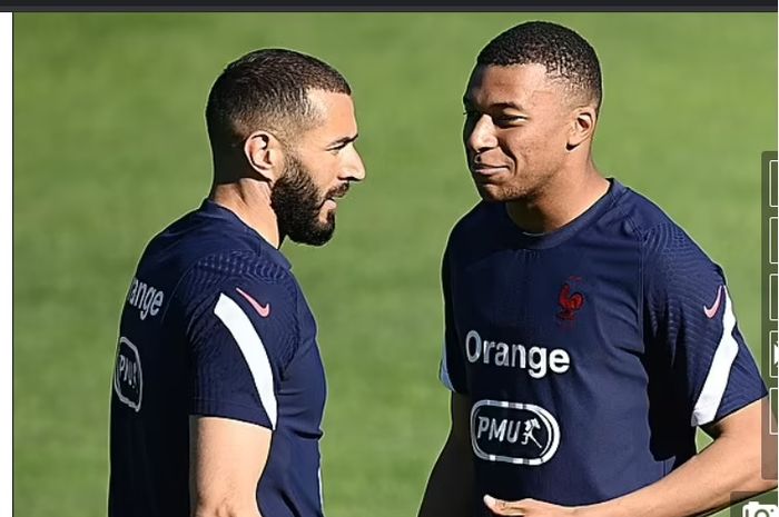 Dua penyerang Timnas Perancis, Karim Benzema (kiri) dan Kylian Mbappe (kanan).