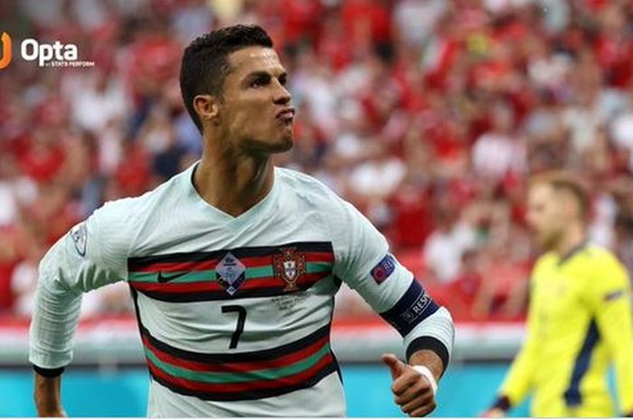 Ekspresi megabintang timnas Portugal, Cristiano Ronaldo, usai membobol gawang timnas Hungaria dalam laga Grup F EURO 2020 di Stadion Puskas Arena, Selasa (15/6/2021).