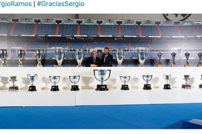 Presiden Real Madrid, Florentino Perez, dan Sergio Ramos. 