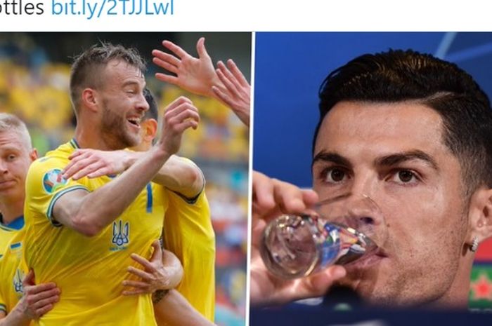 Bintang Ukraina, Andriy Yarmolenko, menyentil aksi Cristiano Ronaldo dengan memamerkan botol sponsor EURO 2020, Coca-Cola dan Heineken.