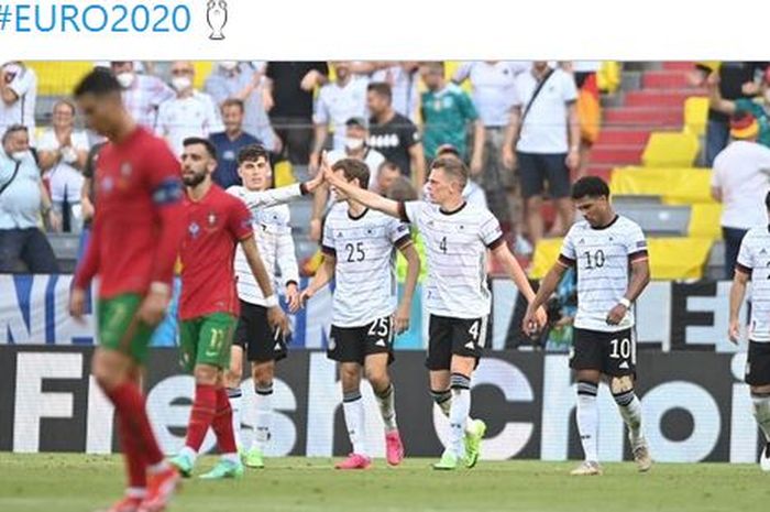 Para pemain timnas Jerman merayakan gol ke gawang timnas Portugal dalam laga Grup F EURO 2020 di Stadion Football Arena, Sabtu (19/6/2021).