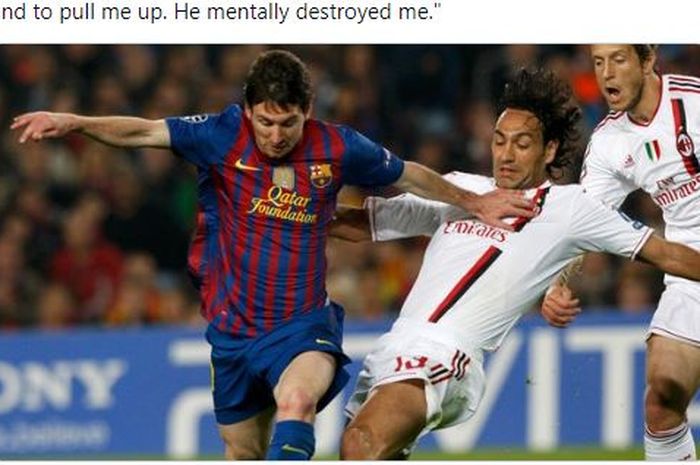 Duel antara Lionel Messi dan Alessandro Nesta di laga Barcelona Vs AC Milan dalam ajang Liga Champions musim 2011/2012.