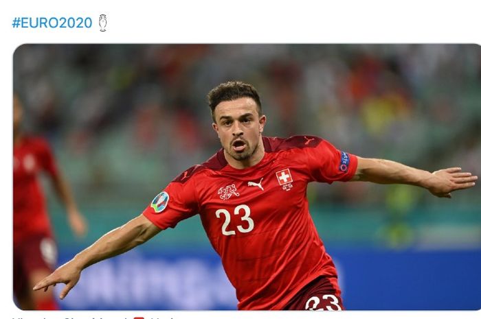 Selebrasi bintang Swiss, Xherdan Shaqiri, usai mencetak gol ke gawang Turki pada laga Grup A Euro 2020, Minggu (20/6/2021) di Baku Olympic Stadium. 