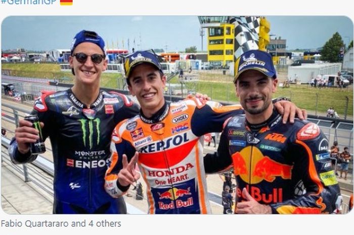 Trio podium di MotoGP Jerman 2021, Fabio Quartararo (peringkat 2), Marc Marquez (juara), dan Miguel Oliveira (runner-up).