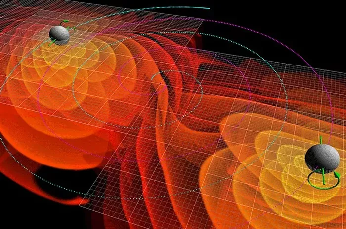 Gelombang-gelombang gravitasi dari dua lubang hitam yang saling bertabrakan dan bergabung.