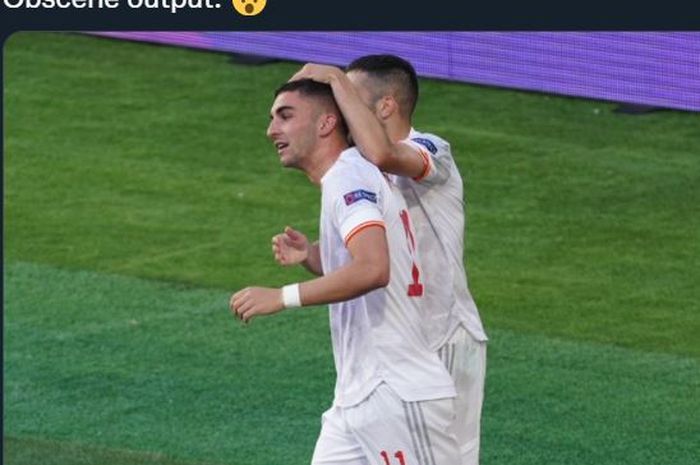 Ferran Torres merayakan gol untuk timnas Spanyol ke gawang Kroasia di laga babak 16 besar Euro 2020, 28 Juni 2021.