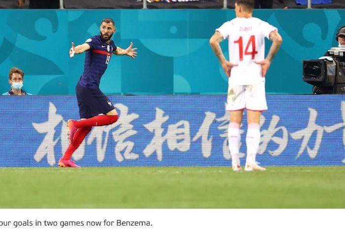 Selebrasi penyerang Prancis, Karim Benzema, usai mencetak gol ke gawang Swiss pada pertandingan 16 Besar EURO 2020 di National Arena Bucharest, Rumania, Selasa (29/6/2021) pukul 02.00 WIB.