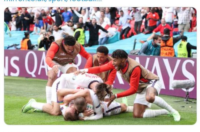 Momen pemain timnas Inggris merayakan gol yang dicetak Harry kane ke gawang timnas Jerman dalam pertandingan babak 16 besar EURO 2020.