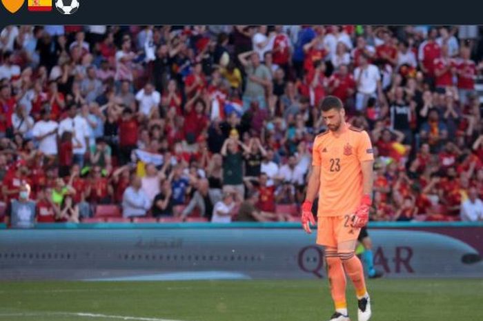 Reaksi kiper timnas Spanyol, Unai Simon, setelah melakukan blunder di laga kontra Kroasia di babak 16 besar Euro 2020.