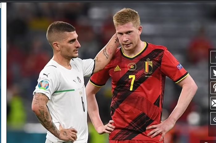 Ekspresi kekecewaan Kevin De Bruyne setelah Timnas Belgia takluk di tangan Italia pada Euro 2020, Sabtu (3/7/2021) dini hari WIB.