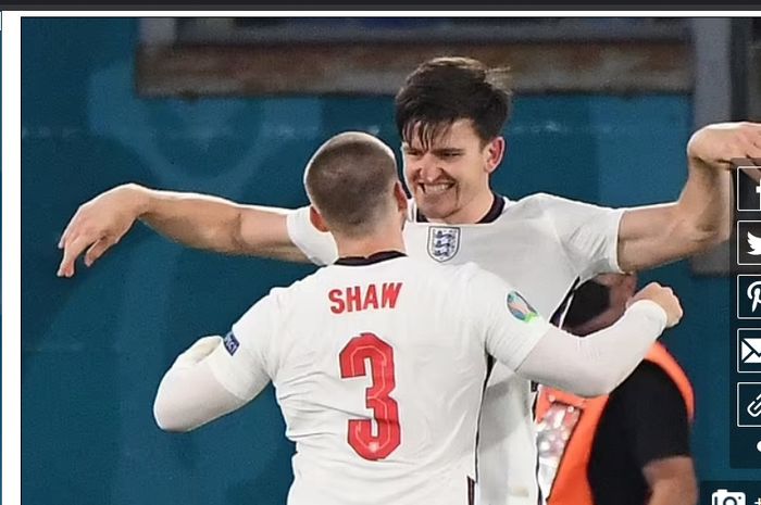 Luke Shaw ketika merayakan gol bersama Harry Maguire dalam laga Inggris vs Ukraina, Minggu (4/7/2021) dini hari WIB.