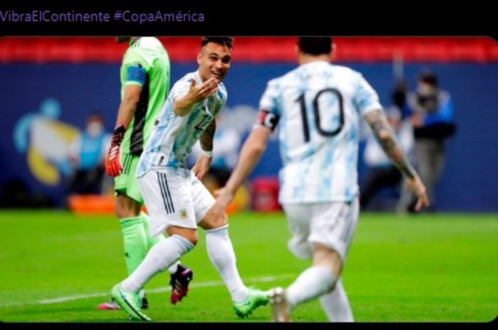 Selebrasi penyerang Argentina, Lautaro Martinez, usai mencetak gol ke gawang Kolombia