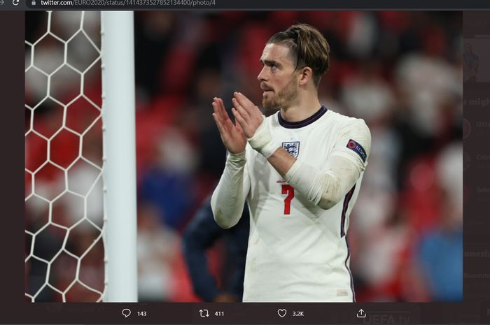 Ekspresi kekecewaan Jack Grealish usai Timnas Inggris dinyatakan kalah melalui adu penalti di final Euro 2020, Senin (12/7/2021) dini hari WIB.