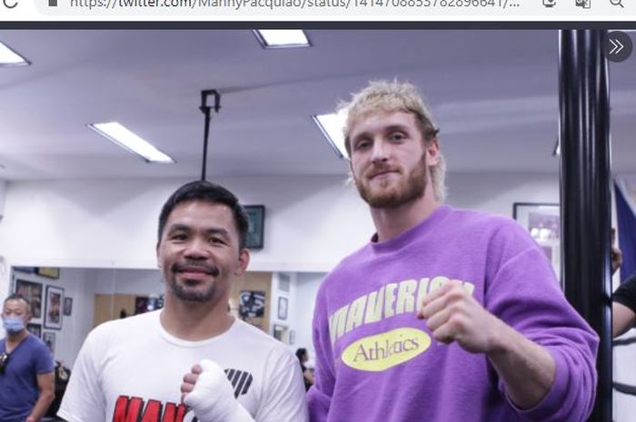 Manny Pacquiao (kiri) dan Logan Paul (kanan) ketika berada di Wild Card Boxing Club, Los Angeles, California, AS.