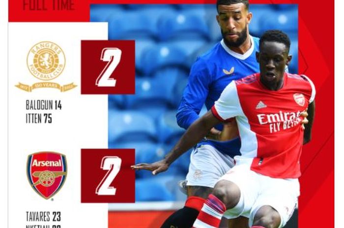 Hasil laga uji coba antara Rangers melawan Arsenal yang dilangsungkan di Stadion Ibrox pada Sabtu (17/7/2021) malam WIB.