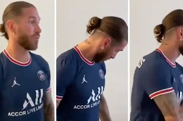 Momen saat Sergio Ramos menggunakan jersey Paris Saint-Germain (PSG) untuk pertama kalinya.