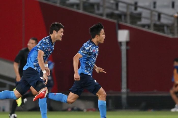 Pemain Real Madrid, Takefusa Kubo mencetak gol untuk Timnas Jepang di Olimpiade Tokyo 2020 (22/7/2021).