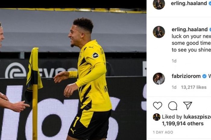 Pemain Borussia Dortmund, Erling Haaland, memberikan ucapan perpisahan ke Jadon Sancho