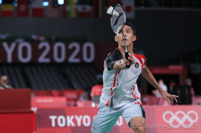 Aksi Jonatan Christie pada laga terakhir babak penyisihan Olimpiade Tokyo 2020, Rabu (28/7/2021)