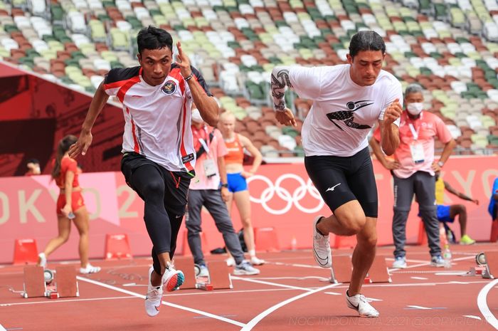 Sprinter putra Indonesia, Lalu Muhammad Zohri, menjalani latihan jelang pertandingan atletik 100 meter putra pada Olimpiade Tokyo 2020 di Stadion Olympic, Tokyo, Jepang, Kamis (29/7/2021).