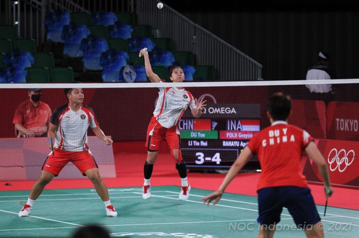 Pasangan ganda putri Indonesia, Greysia Polii/Apriyani Rahayu, pada perempat final Olimpiade Tokyo 2020 di Musashino Forest Plaza, Jepang, Kamis (29/7/2021).