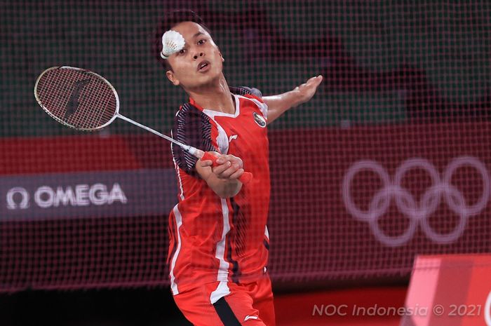 Pebulu tangkis tunggal putra Indonesia, Anthony Sinisuka Ginting pada babak semifinal Olimpiade Tokyo 2020 di Musashino Forest Plaza,  Minggu (1/8/2021).