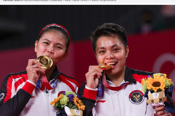 Pasangan ganda putri Indonesia, Greysia Polii/Apriyani Rahayu, meraih medali emas Olimpiade Tokyo 2020.