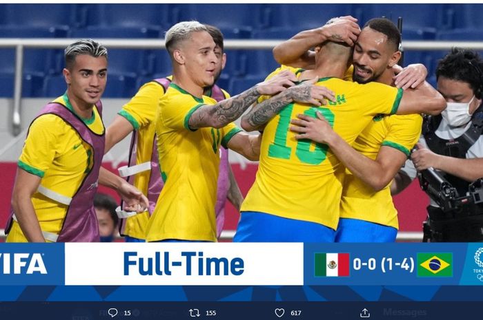 Timnas U-23 Brasil lolos ke final Olimpiade Tokyo 2020 setelah menang adu penalti atas Meksiko di Kashima Stadium, 3 Agustus 2021.