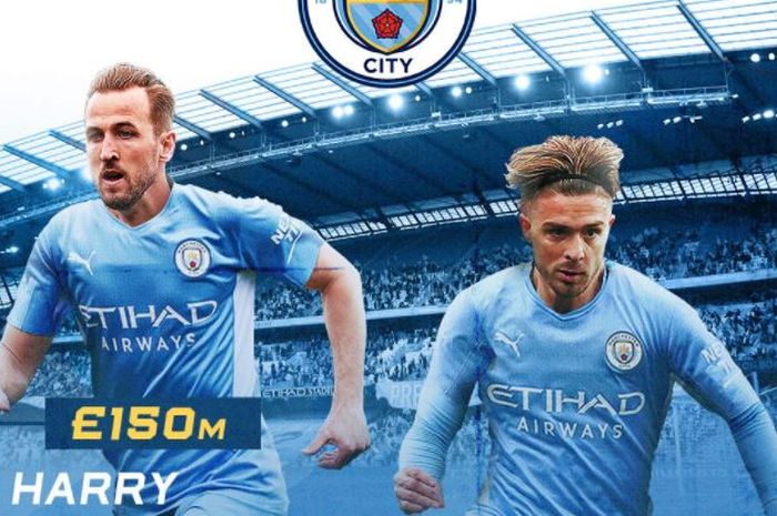 Ilustrasi Harry Kane dan Jack Grealish mengenakan seragam Manchester City.