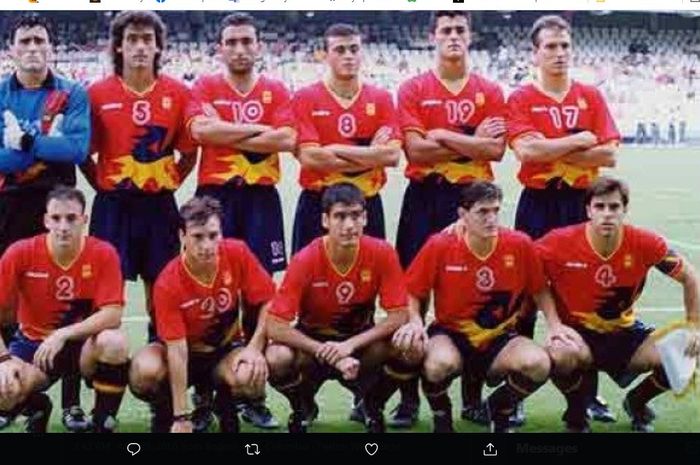 Luis Enrique (8), Pep Guardiola (9), dan Rafael Berges (17) saat memperkuat timnas U-23 Spanyol di Olimpiade 1992.