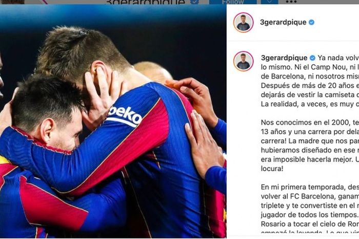 Unggahan Gerard Pique soal Lionel Messi di Instagram.