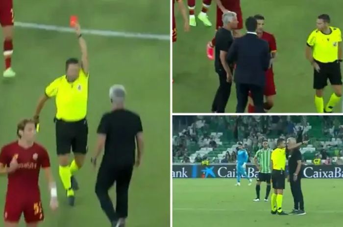 Detik-detik saat Jose Mourinho mendapat kartu merah dari wasit karena melakukan protes di tengah lapangan saat laga persahabatan antara AS Roma vs Real Betis, Minggu (8/8/2021).