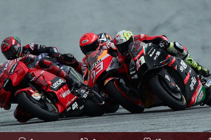 Pembalap Repsol Honda, Marc Marquez (93), yang menyenggol Aleix Espargaro (Aprilia Gresini/41) saat balapan MotoGP Styria 2021 di Red Bull Ring, Minggu (8/8/2021).