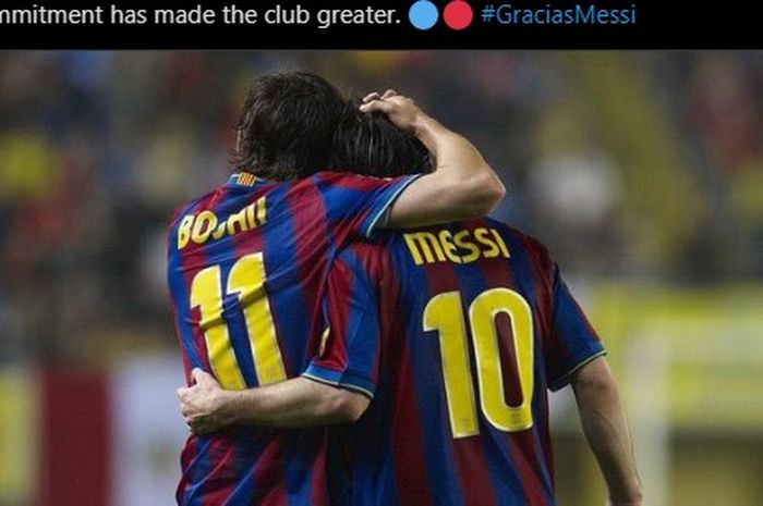 Bojan Krkic (kiri) dan Lionel Messi (kanan) saat masih sama-sama membela Barcelona.