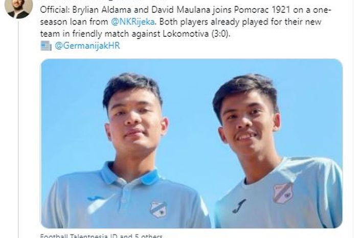 Duo gelandang timnas U-19 Indonesia di HNK Rijeka, Brylian Aldama dan David Maulana.