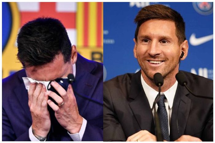 Lionel Messi menangis karena mengaku sangat berat (very hard) berpisah dari Barcelona, tapi 3 hari kemudian di Paris (foto kanan) mengaku sangat senang (very happy) bisa bergabung dengan PSG.