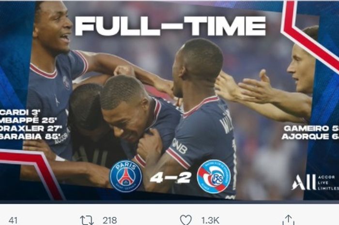 PSG sempat direpotkan sebelum mengalahkan Strasbourg 4-2 dalam laga pekan ke-2 Liga Prancis, Sabtu (14/8/2021) di Parc des Princes, Paris.