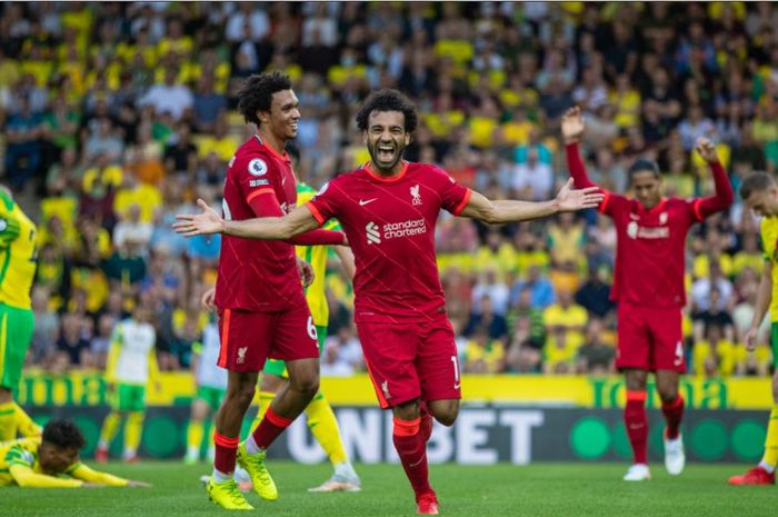 Mohamed Salah merayakan gol ke gawang Norwich City pada pekan pertama Liga Inggris 2021-2022, Sabtu (14/8/2021).